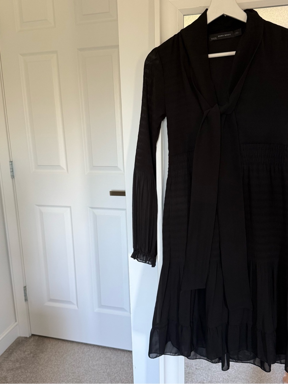 Zara Black Long-Sleeve Tie-Neck Pleated Dress